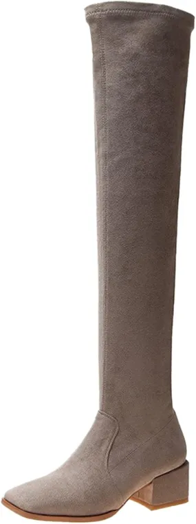 White Cowgirl Boots Square Toe Over Knee Boots Suede Zipper Thigh High Boots Chunky Heeled Tall Long Boots