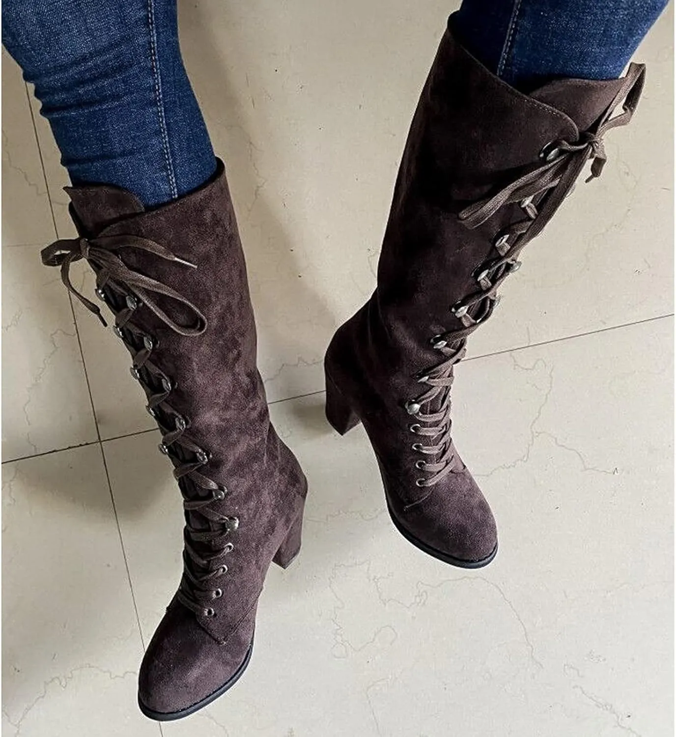 Winter Boots For Women Retro Vintage Lace-Up Thigh High Boots Suede Low Chunky Heels Knee High Long Boots