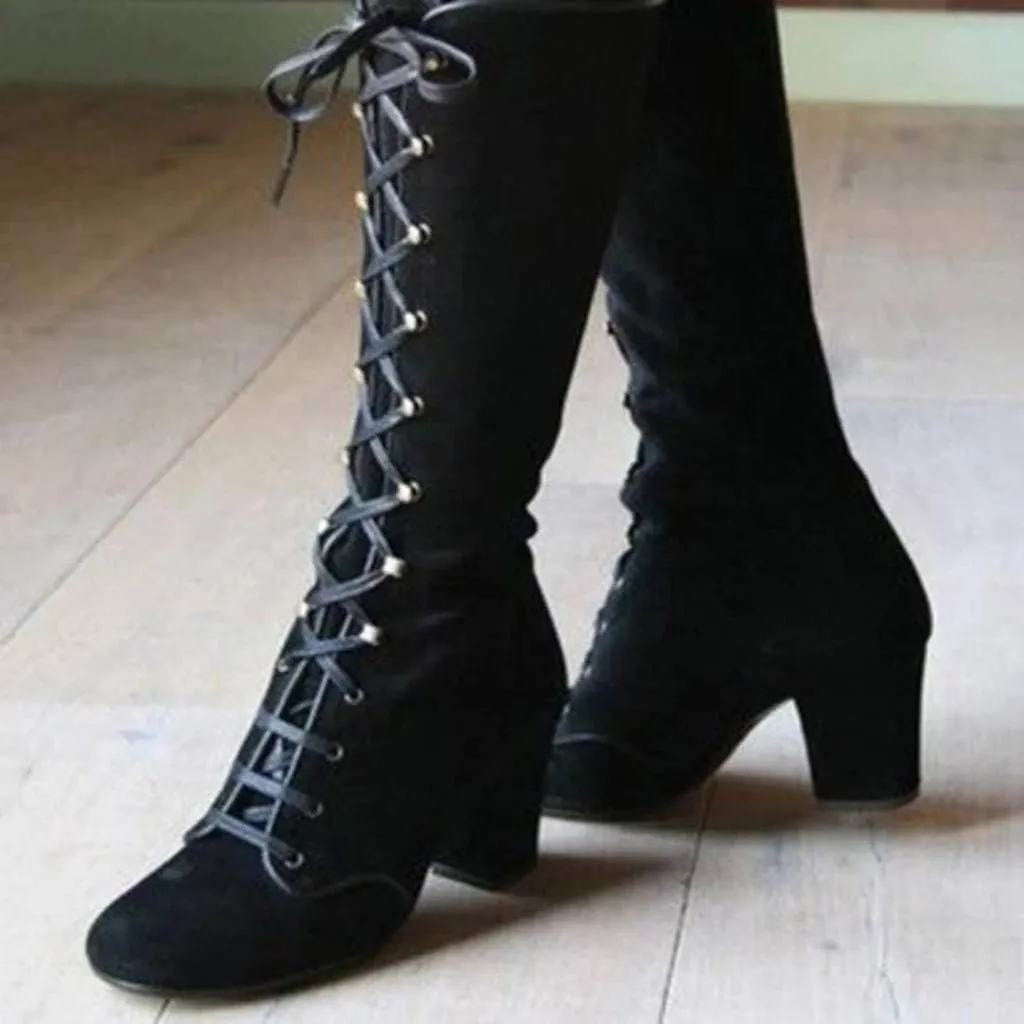 Winter Boots For Women Retro Vintage Lace-Up Thigh High Boots Suede Low Chunky Heels Knee High Long Boots