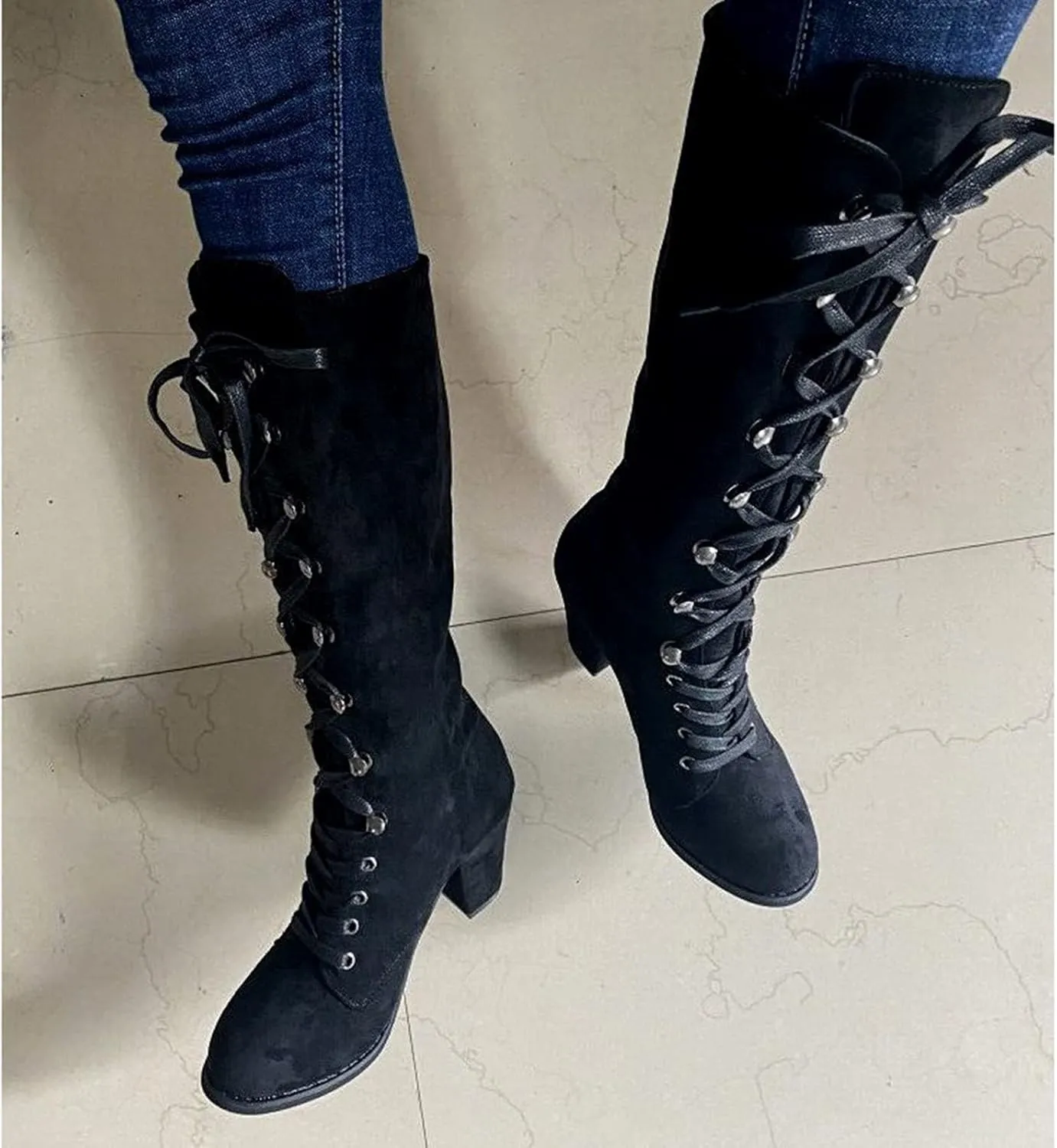 Winter Boots For Women Retro Vintage Lace-Up Thigh High Boots Suede Low Chunky Heels Knee High Long Boots
