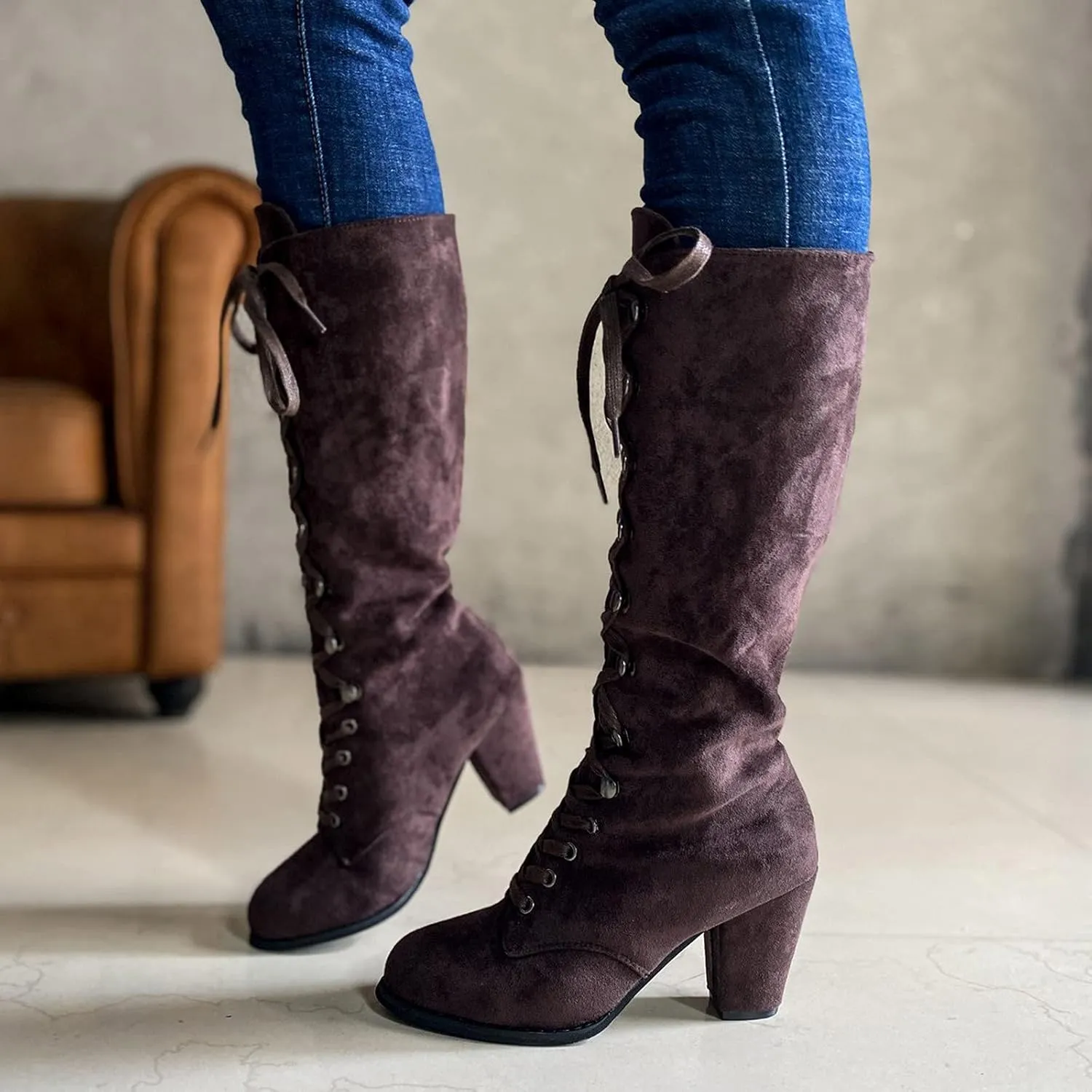 Winter Boots For Women Retro Vintage Lace-Up Thigh High Boots Suede Low Chunky Heels Knee High Long Boots