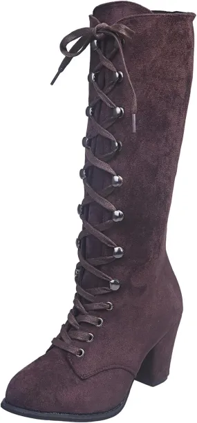 Winter Boots For Women Retro Vintage Lace-Up Thigh High Boots Suede Low Chunky Heels Knee High Long Boots