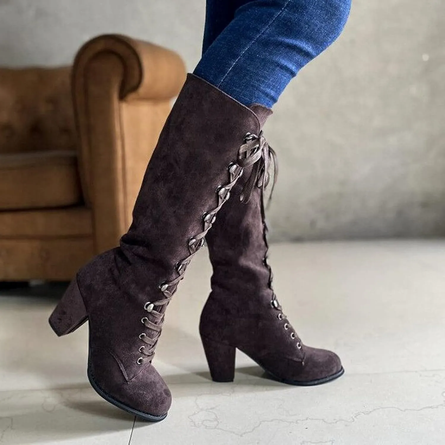 Winter Boots For Women Retro Vintage Lace-Up Thigh High Boots Suede Low Chunky Heels Knee High Long Boots