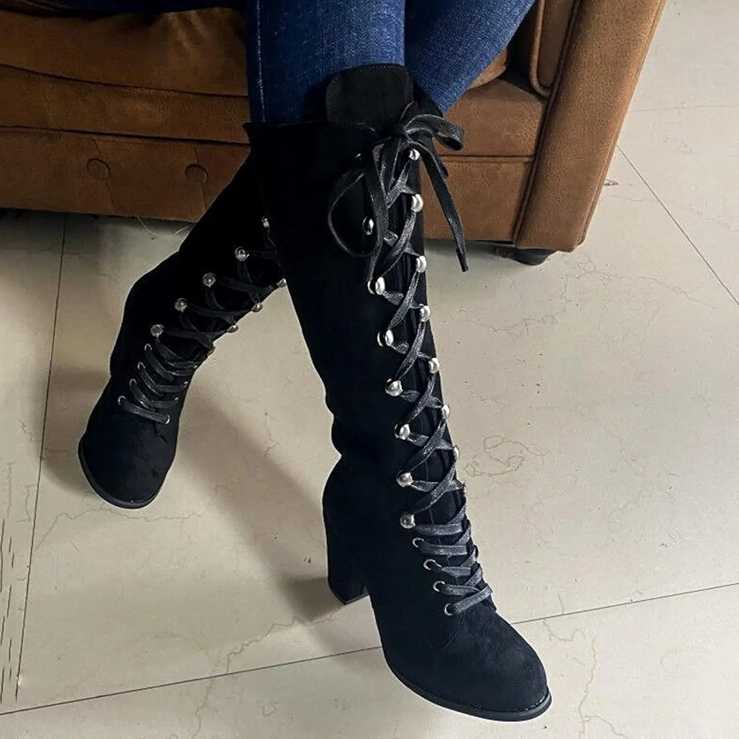 Winter Boots For Women Retro Vintage Lace-Up Thigh High Boots Suede Low Chunky Heels Knee High Long Boots