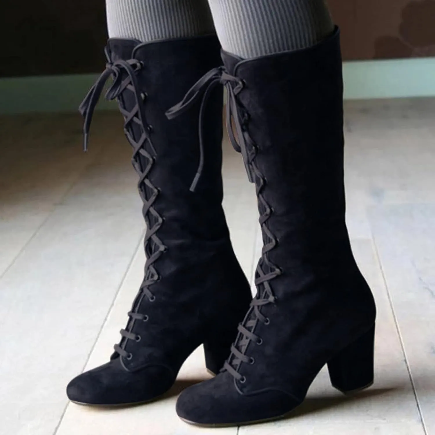 Winter Boots For Women Retro Vintage Lace-Up Thigh High Boots Suede Low Chunky Heels Knee High Long Boots