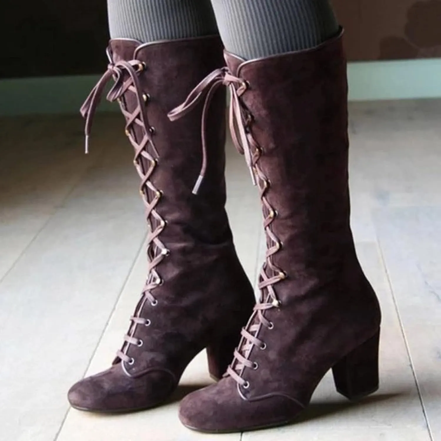 Winter Boots For Women Retro Vintage Lace-Up Thigh High Boots Suede Low Chunky Heels Knee High Long Boots