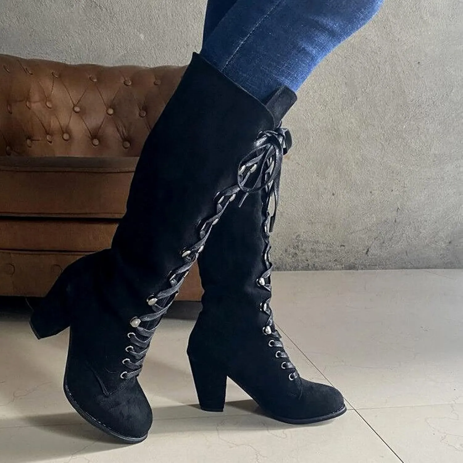 Winter Boots For Women Retro Vintage Lace-Up Thigh High Boots Suede Low Chunky Heels Knee High Long Boots