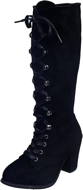 Winter Boots For Women Retro Vintage Lace-Up Thigh High Boots Suede Low Chunky Heels Knee High Long Boots