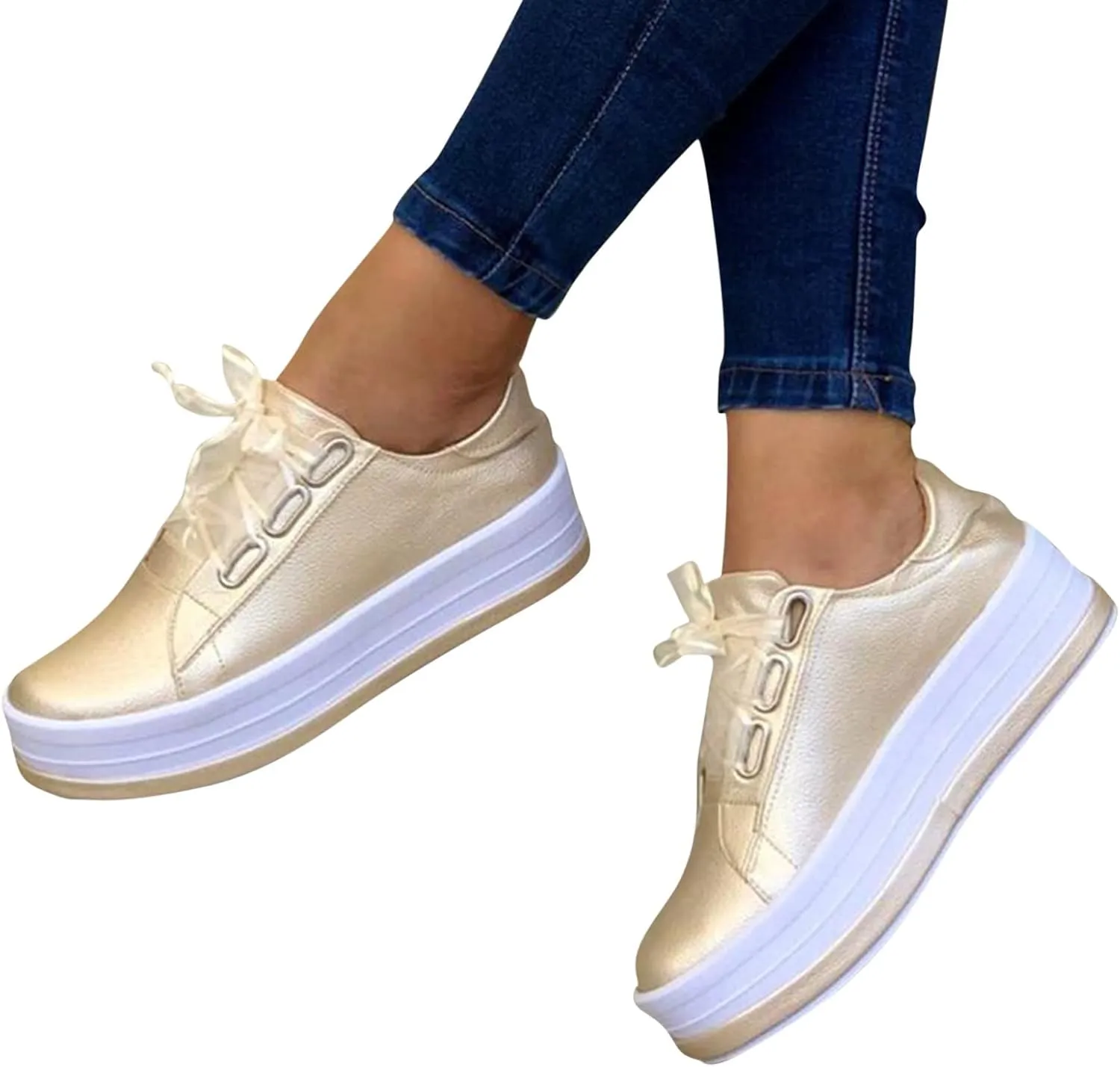 Women Thick Sole Shoes Casual Slip On Lace Up Athletic Shoes Round Toe Platform Sneakers Casual Walking Sneaker