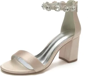 Women's Block Heel Wedding Shoes for Bride Chunky Heeled Sandals Rhinestones Bridal Shoes