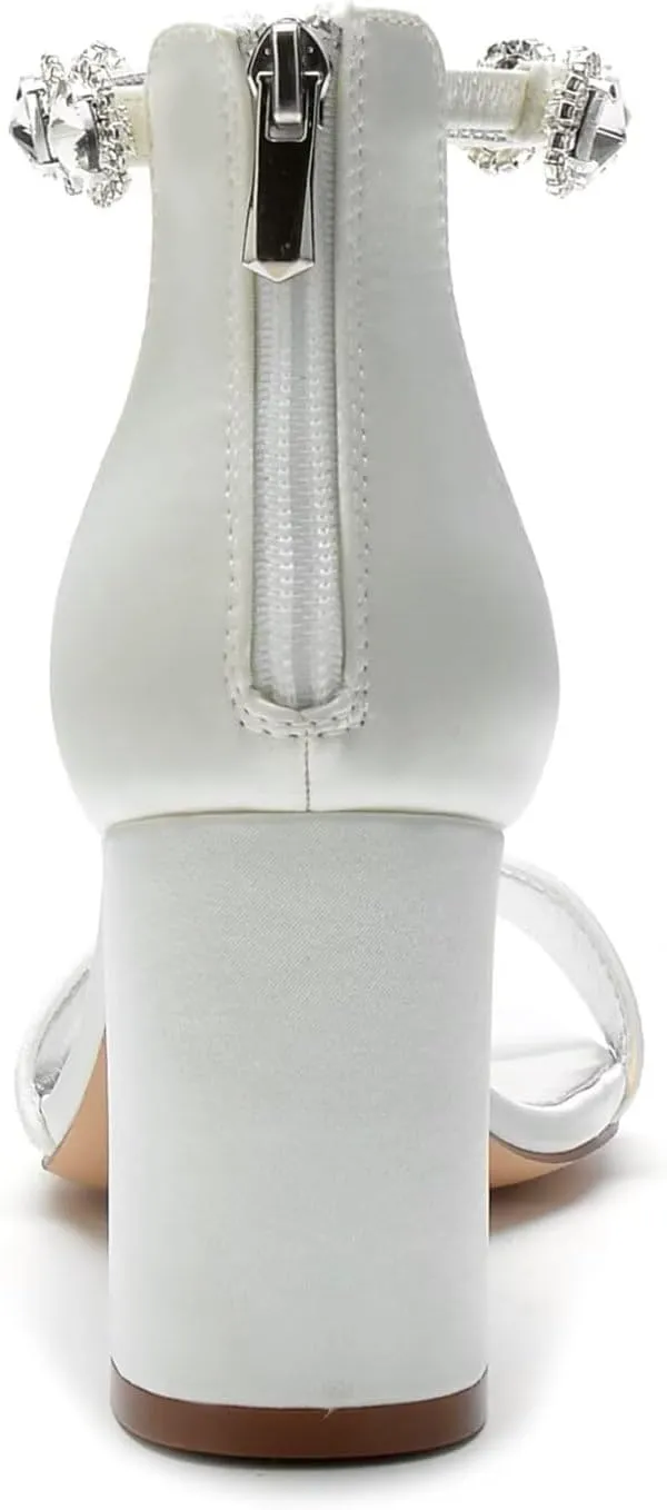 Women's Block Heel Wedding Shoes for Bride Chunky Heeled Sandals Rhinestones Bridal Shoes