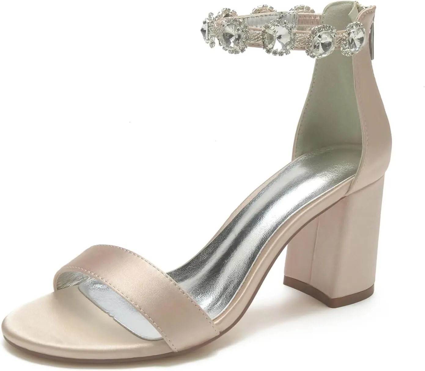 Women's Block Heel Wedding Shoes for Bride Chunky Heeled Sandals Rhinestones Bridal Shoes