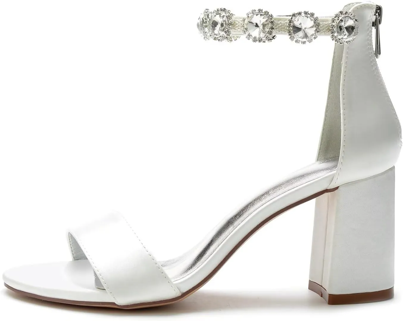 Women's Block Heel Wedding Shoes for Bride Chunky Heeled Sandals Rhinestones Bridal Shoes