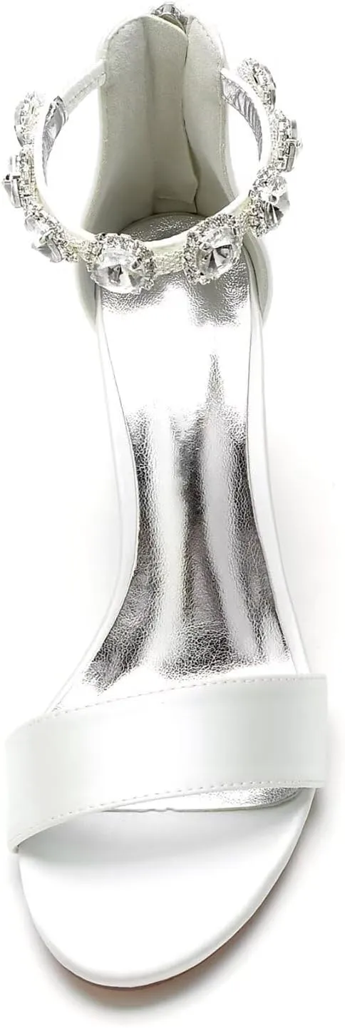 Women's Block Heel Wedding Shoes for Bride Chunky Heeled Sandals Rhinestones Bridal Shoes