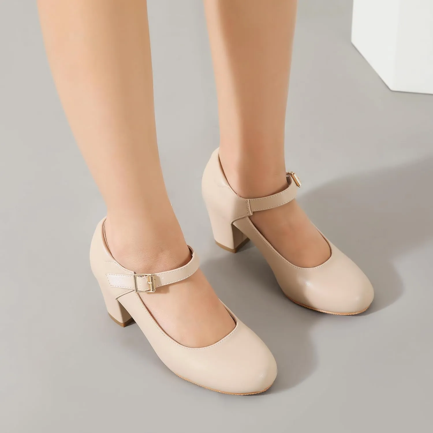 Women's Mary Jane Shoes Low Block Heel Ankle Strap Closed Round Toe Pumps Dress Wedding Office Work Church Shoes