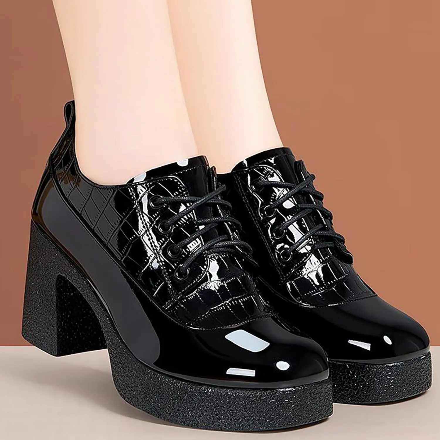 Women's Patent Leather Printed Platform Mid Chunky Heel Oxfords Shoes Fall Winter Fashion Lace-Up Comfortable Block Heel Dress Pump Shoes for Work