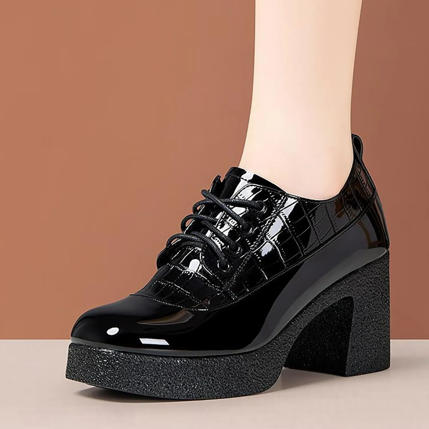 Women's Patent Leather Printed Platform Mid Chunky Heel Oxfords Shoes Fall Winter Fashion Lace-Up Comfortable Block Heel Dress Pump Shoes for Work