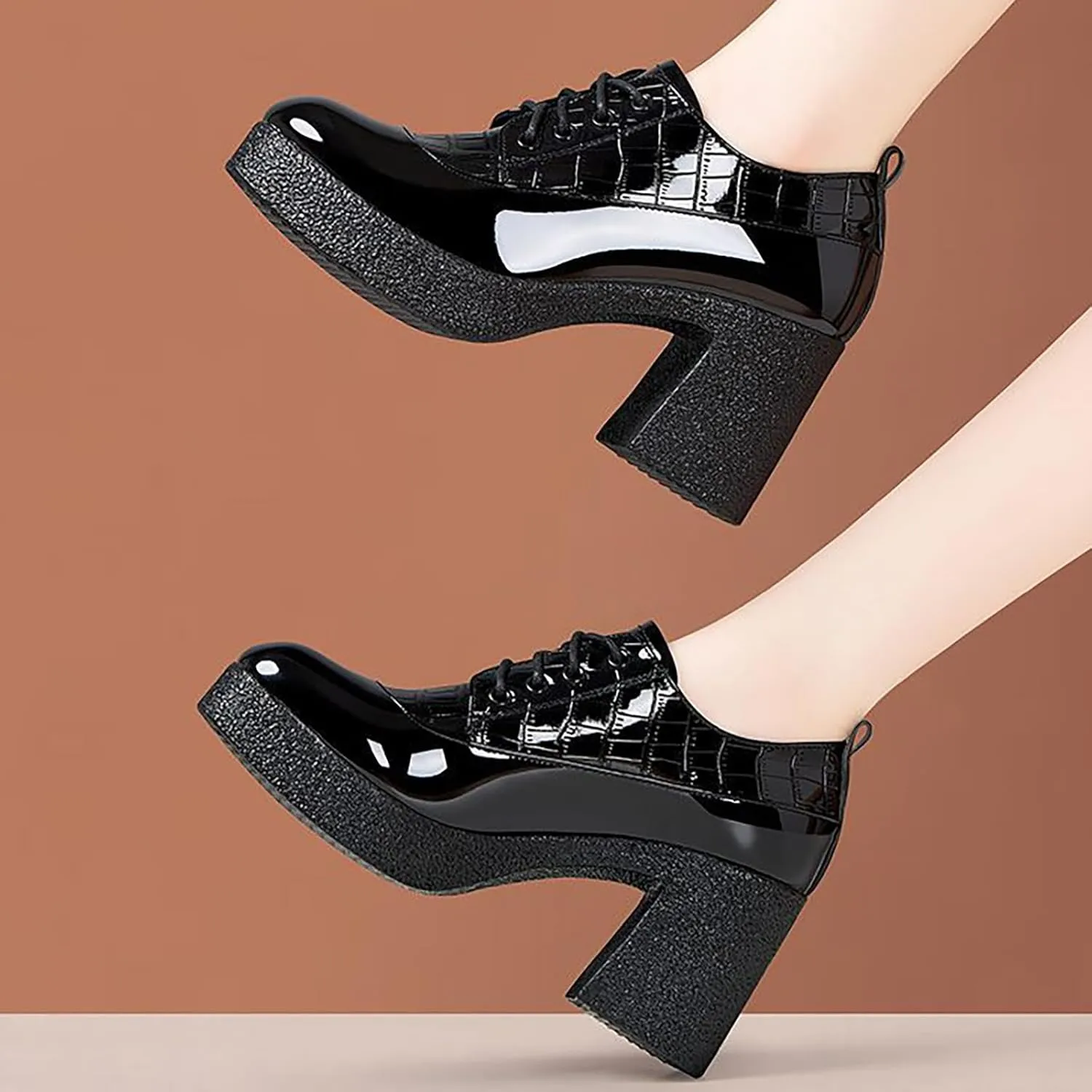 Women's Patent Leather Printed Platform Mid Chunky Heel Oxfords Shoes Fall Winter Fashion Lace-Up Comfortable Block Heel Dress Pump Shoes for Work