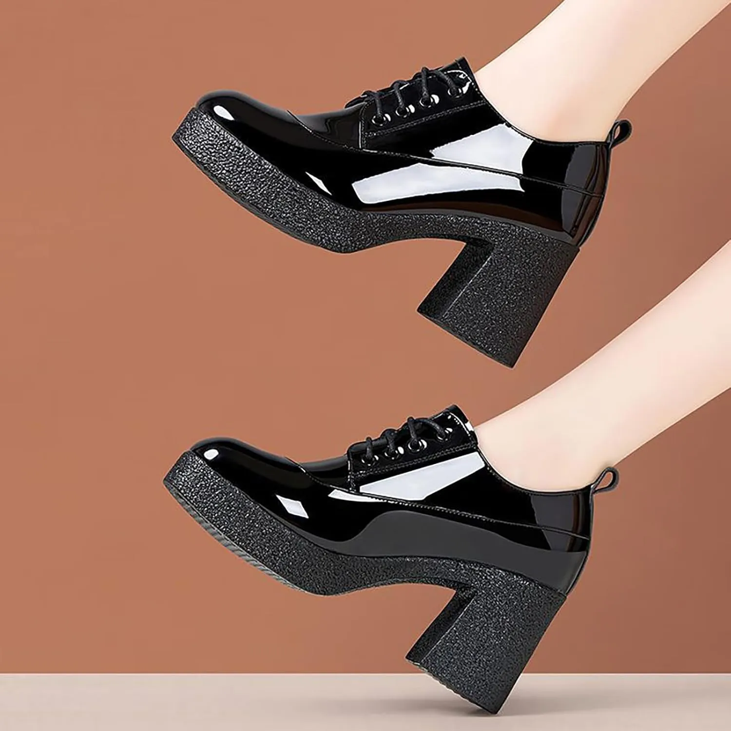 Women's Patent Leather Printed Platform Mid Chunky Heel Oxfords Shoes Fall Winter Fashion Lace-Up Comfortable Block Heel Dress Pump Shoes for Work
