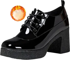 Women's Patent Leather Printed Platform Mid Chunky Heel Oxfords Shoes Fall Winter Fashion Lace-Up Comfortable Block Heel Dress Pump Shoes for Work