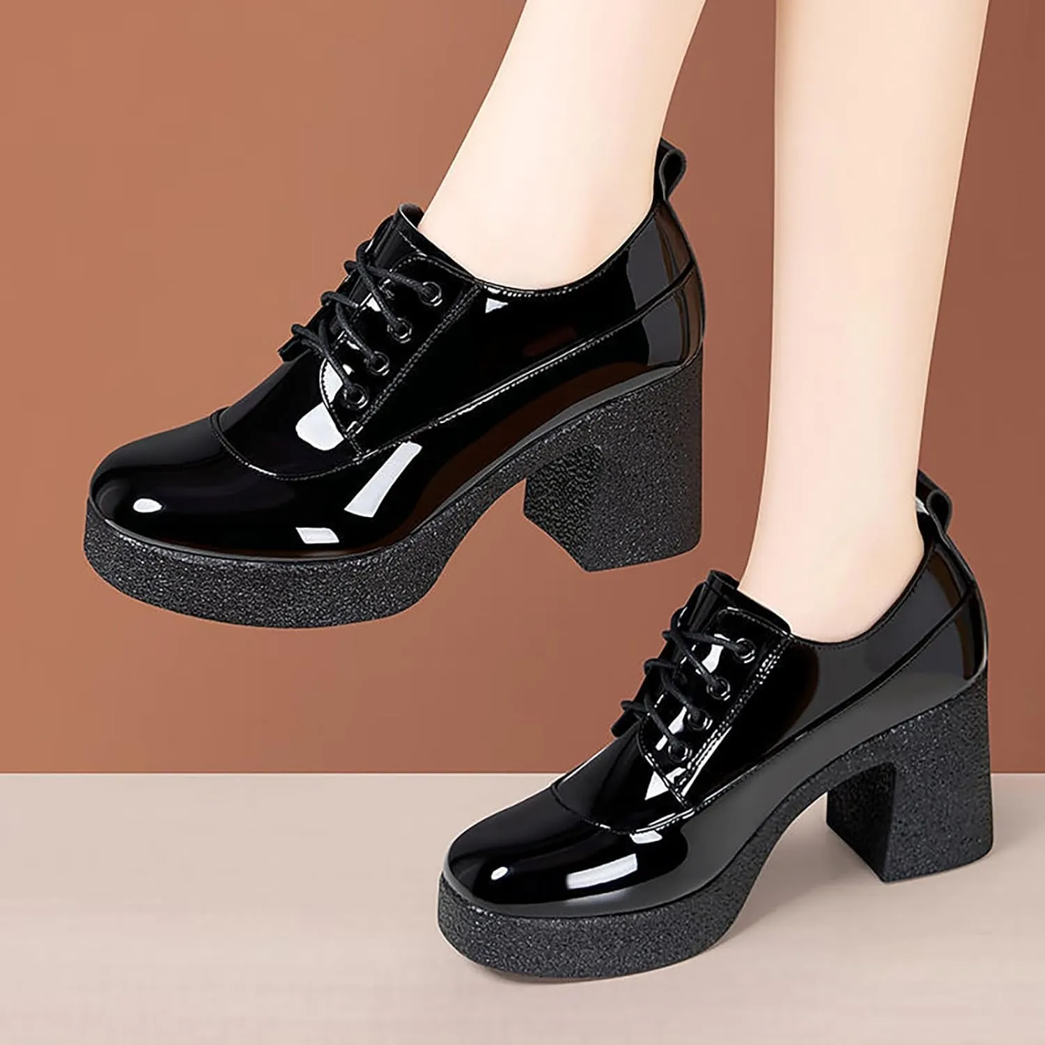 Women's Patent Leather Printed Platform Mid Chunky Heel Oxfords Shoes Fall Winter Fashion Lace-Up Comfortable Block Heel Dress Pump Shoes for Work