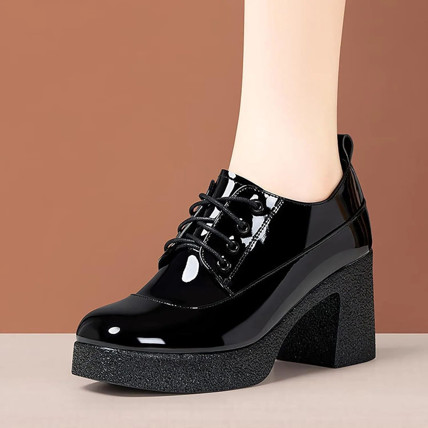 Women's Patent Leather Printed Platform Mid Chunky Heel Oxfords Shoes Fall Winter Fashion Lace-Up Comfortable Block Heel Dress Pump Shoes for Work