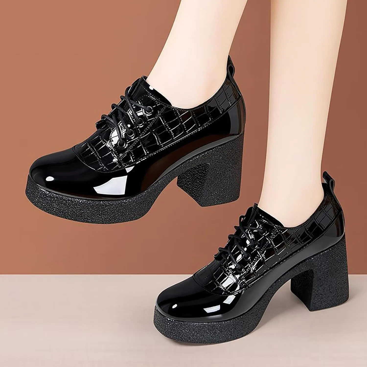 Women's Patent Leather Printed Platform Mid Chunky Heel Oxfords Shoes Fall Winter Fashion Lace-Up Comfortable Block Heel Dress Pump Shoes for Work