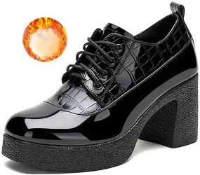 Women's Patent Leather Printed Platform Mid Chunky Heel Oxfords Shoes Fall Winter Fashion Lace-Up Comfortable Block Heel Dress Pump Shoes for Work