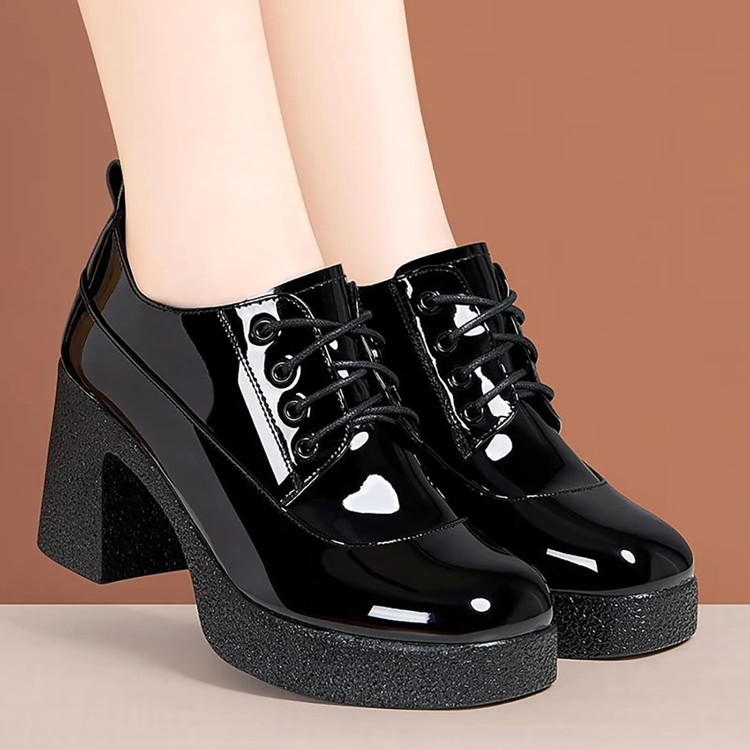 Women's Patent Leather Printed Platform Mid Chunky Heel Oxfords Shoes Fall Winter Fashion Lace-Up Comfortable Block Heel Dress Pump Shoes for Work