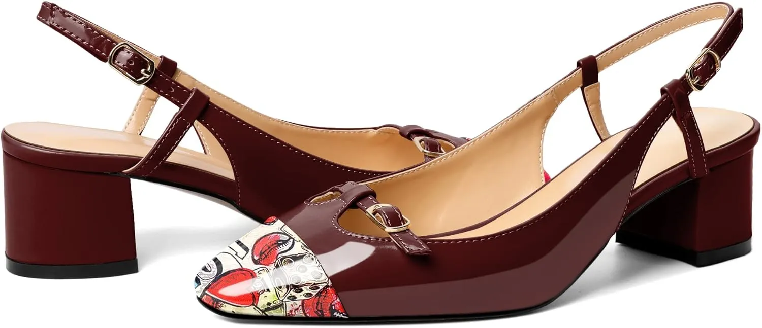 Zamikoo Women's Slingback Heels, Square Toe Low Block Heels with Adjustable Buckle, 2 Inches Multicolor Heels, Dress Shoes for Ladies Office Wedding Work Evening
