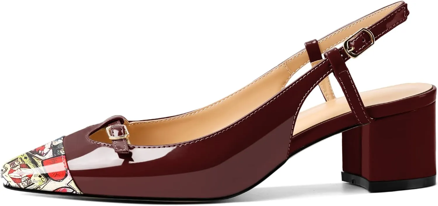 Zamikoo Women's Slingback Heels, Square Toe Low Block Heels with Adjustable Buckle, 2 Inches Multicolor Heels, Dress Shoes for Ladies Office Wedding Work Evening