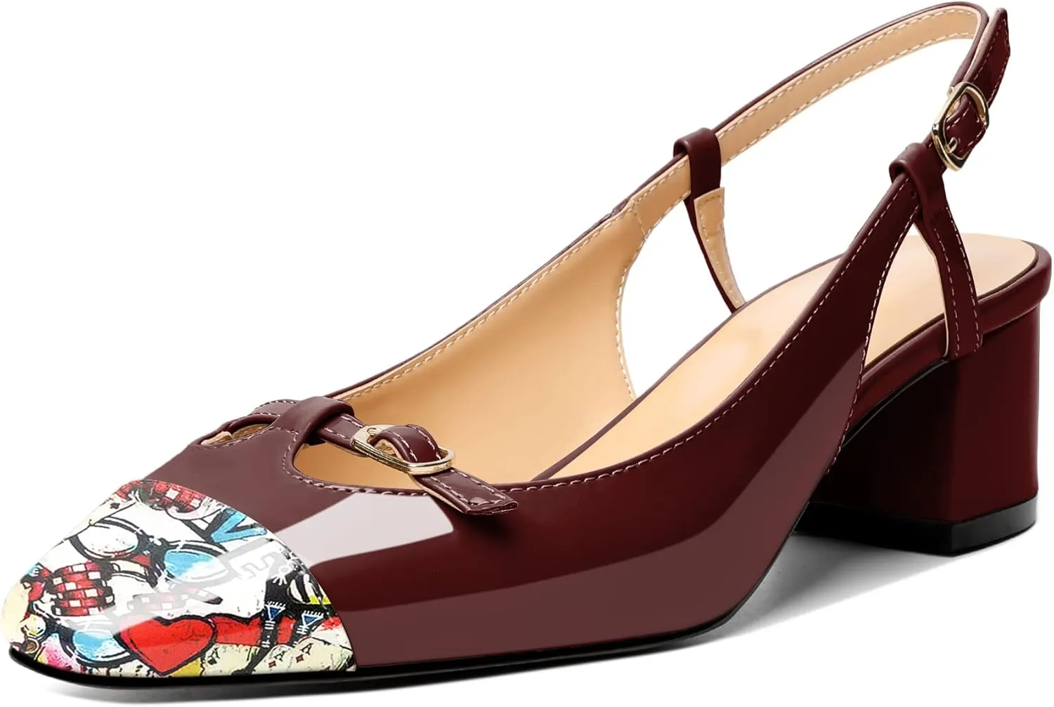 Zamikoo Women's Slingback Heels, Square Toe Low Block Heels with Adjustable Buckle, 2 Inches Multicolor Heels, Dress Shoes for Ladies Office Wedding Work Evening