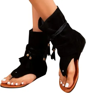 ZBYY Tassel Sandals for Women,Summer Gladiator Fringe Casual Flat Beach Shoes T-Strap Open-Toe Suede Flip Flop Sandals