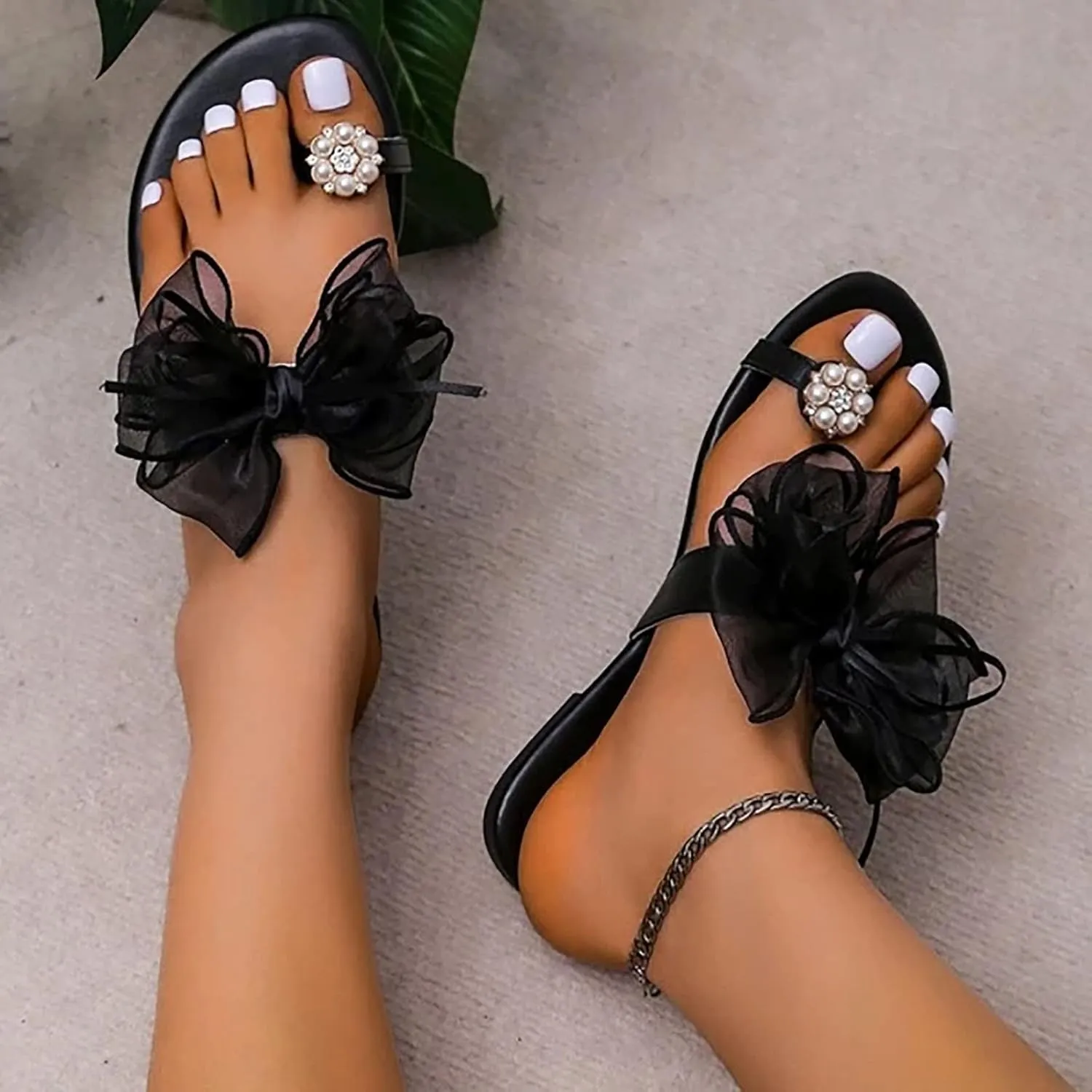ZBYY Womens Flat Sandals,Summer Bow Tie Beach Sandals for Wedding Party Dress Gladiator Thong Flip Flop Slipper