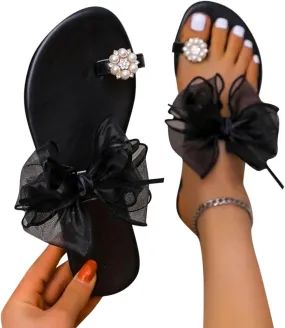 ZBYY Womens Flat Sandals,Summer Bow Tie Beach Sandals for Wedding Party Dress Gladiator Thong Flip Flop Slipper