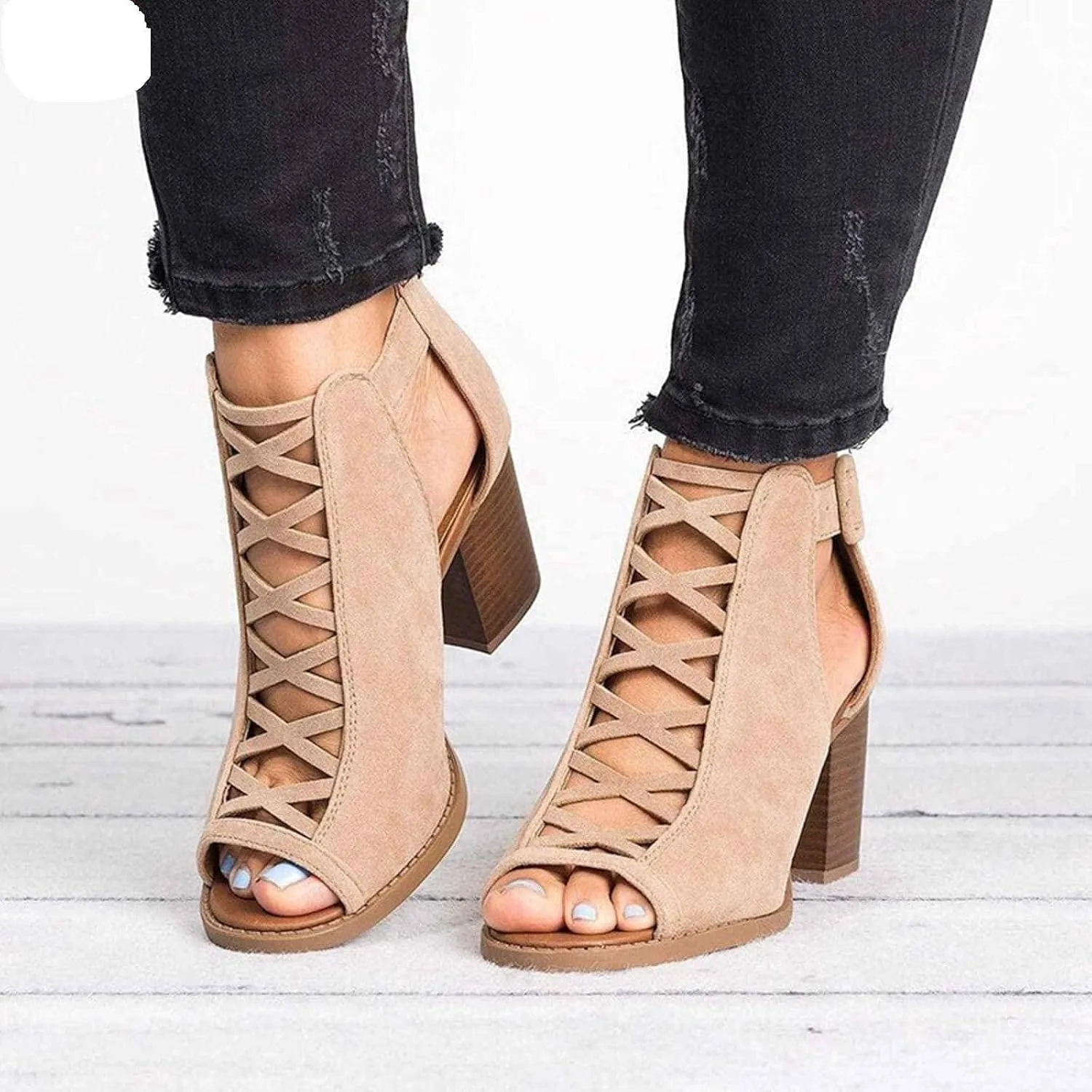 ZBYY Womens Platform Open Toe Sandals Summer Ankle Strap Zipper Chunky High Heel Sandals Faux Suede Cutout Dress Booties