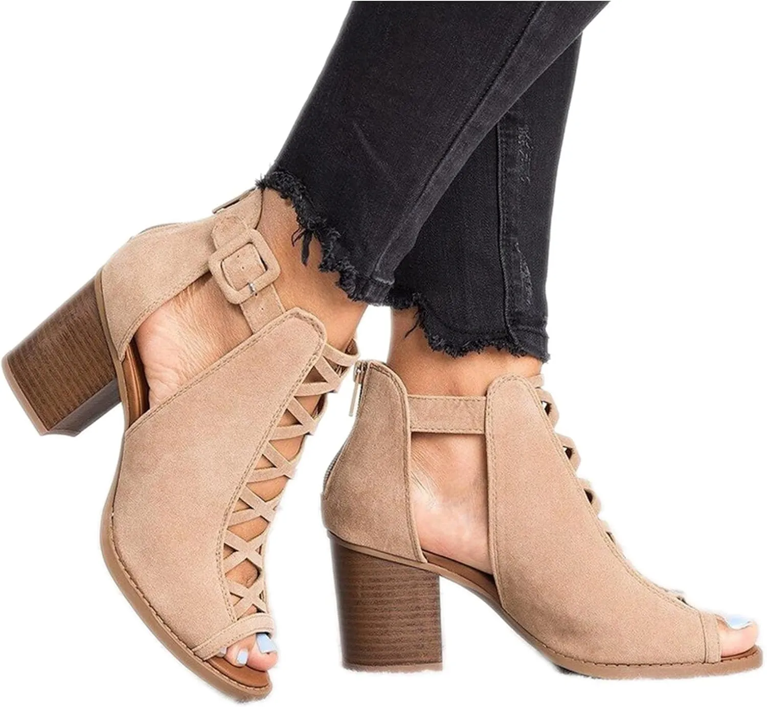 ZBYY Womens Platform Open Toe Sandals Summer Ankle Strap Zipper Chunky High Heel Sandals Faux Suede Cutout Dress Booties