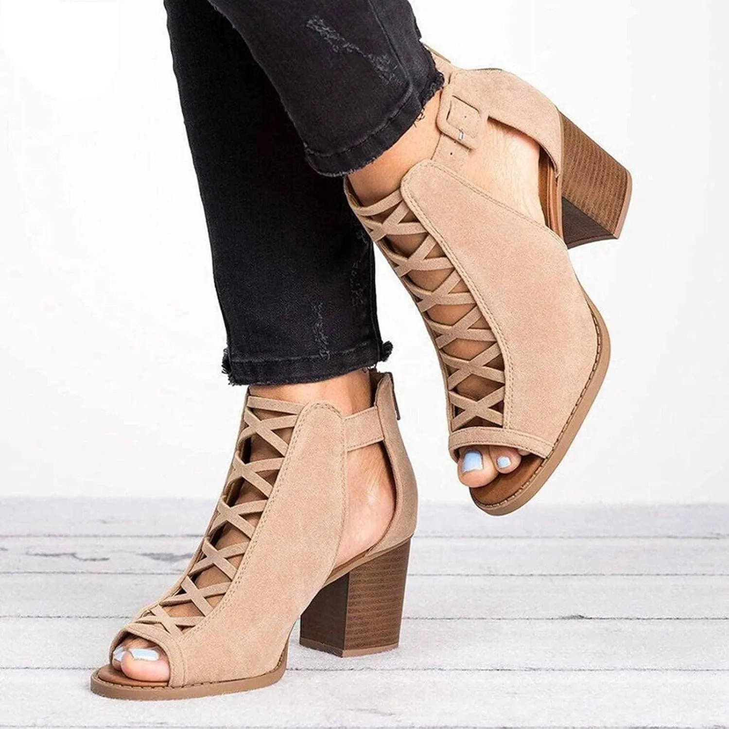 ZBYY Womens Platform Open Toe Sandals Summer Ankle Strap Zipper Chunky High Heel Sandals Faux Suede Cutout Dress Booties